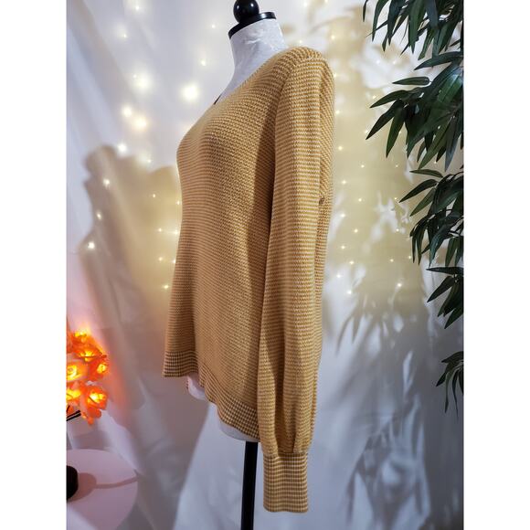 Talbots Chevron Zig Zag Yellow White Knit Puff Sleeve Sweater Womens Size L Soft - Picture 5 of 11